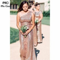 재고 있음 2019 한 어깨 웨딩 파티 드레스 Sequined 들러리 드레스 긴 결혼식을위한 골드 들러리 드레스 로즈