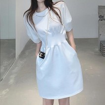 라운드넥 화이트 데일리 반팔 원피스 허리 소매 밴딩