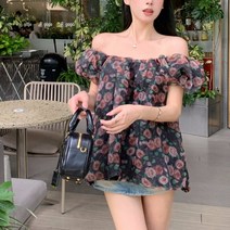 오프숄더 오버핏 꽃무늬블라우스 장미 링클프리셔츠