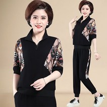 WZC 중년여성 여름 트레이닝복세트 빅사이즈 반집업 반팔티 조거팬츠 긴바지 투피스 엄마 40-60대