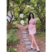 크롭자켓세트 린정장세트 여자린넨셋업 Nicemix 기질 패션 여성 여름 핑크 세미정장