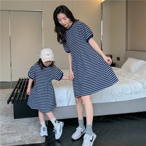모녀커플룩 여자 드레스 가족옷세트 여름 캐주얼 엄마와 딸 어린이집 등원룩 스트라이프 반팔 스커트
