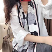 장미 맥시 트 윌리 롱 타이 스카프 양면 패턴 실크 여성 쁘띠 방도