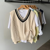 에이치다 / 케이블 브이넥 배색 니트 조끼 6color