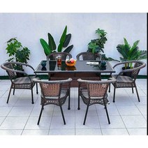 등나무 라탄 테이블 세트 6인 가드닝 인테리어 가구, 의자1 의자6개 + 150x90 롱테이블