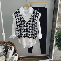 상상그이상 여성용 제비 배색 브이넥 조끼 하운드 투스 패턴 니트 베스트 사계절용