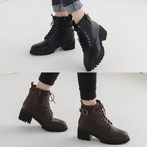 벨루치슈즈 여성 천연소가죽 벨트 니트 콤비 통굽 미들힐 워커 5cm