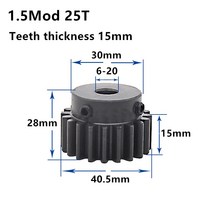 마이터기어 1.5M 25T 26T 고주파 흑색 스퍼 기어 피니언 톱니 너비 15mm 1.5mod 랙 보어 6-20mm, 01 26 Teeth_04 14mm