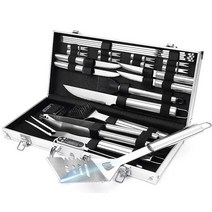 POLIGO 알루미늄 케이스가 있는 그릴 액세서리 25개 매우 두꺼운 스테인리스 스틸 그릴 도구 세트 남성용 야외 캠핑 완벽한 BBQ 도구 세트 - 아버지의 날 추수감사절, silver