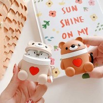 제이에이치 에어팟케이스 1세대 2세대 빨강하트 곰돌이 분실방지로프실리콘증정, 베이지