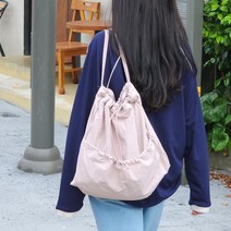 바스락 셔링 복조리 나일론 스트링백팩 (블랙 핑크)