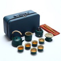 휴대용 다도세트 다기 집들이 캠핑 세트 도자기찻잔 보이차 차 선물 추석 여행용 녹차, 그린주전자세트 블루백