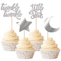 Rsstarxi 36팩 리틀 스타 컵케이크 토퍼 글리터 문 구름 피크 트윙클 베이비 샤워 어린이 생일 웨딩 파티 케이크 장식 용품 골드 5534362911, Design 1 Silver