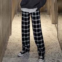 도앙뜨 남녀공용 플로우 체크 와이드 밴딩 고무줄 커플 바지