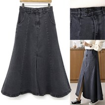 S~3XL 흑청 앞트임 롱스커트 플레어스커트 허리밴딩 투버튼 흑청스판 플러스사이즈 빅사이즈스커트 밴딩스커트 흑청치마 데님블랙스커트