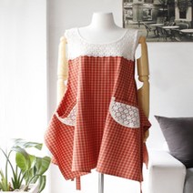 스트라이프 예쁜 꽃가게 원피스앞치마 애견미용 일식 카페 집들이선물 워크웨어 까페, 체크(오렌지)