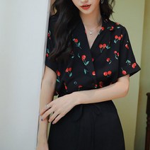 데일로엔 여성 반팔 체리 블라우스 셔츠