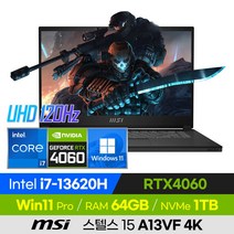 [사은품 증정!] MSI 스텔스 15 A13VF 4K 13세대 고사양 배그 롤 오버워치 로아 발로란트 슬경량 15인치 게이밍 노트북 (코어i7-13620H/RTX4060), STEALTH 15 A13VF 4K, 윈도우 포함, 64GB, 1TB, 코어i7, 블랙