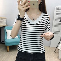 채윤러브 chaeyoon love 여름 줄무늬 브이넥 어깨트임 캐주얼 슬림핏 반팔티