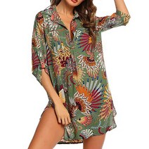 브랜드없음 프린트 릴렉스 롱 슬리브 쇼트 비치 블라우스 셔츠 드레스