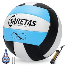 SARETAS 배구 소프트 비치 발리볼 공식 사이즈 실외/실내 놀이 청 및 성인용 배구공 뒷마당용 펌프 바늘이 있는 핑크 배구 연습, Blue and Black with Pump