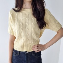 네쥬 여성 봄 여름 꽈배기 크롭 데일리 반팔 니트