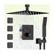 Bostingner 온도 조절식 레인 샤워 시스템 바디 제트 및 밸브가 포함된 12인치 매트 블랙 벽걸이 수전 세트 모든 기능 동시 사용, Ceiling Mount, Matte Black