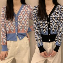 주디앤 여성 하트 배색 버튼 긴팔 가디건 슬림핏 간절기 리빙공감