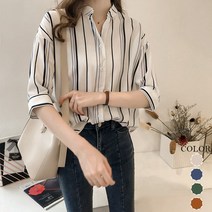 스타일아유 여성 차이나넥 스트라이프 줄지 5부 셔츠 여자 여름 루즈핏 데일리룩 남방 4color [AYG6BL0004]