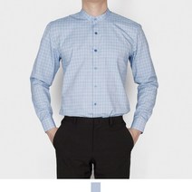 블루 체크 차이나카라 와이셔츠