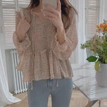 [랜덤플레이] 스모크밴딩 프릴 쉬폰 잔꽃 블라우스