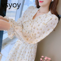 vsyoy 봄 꽃 쉬폰 드레스 여성의 이른 봄 2023 새로운 봄 긴 소매 작은 요정 드레스
