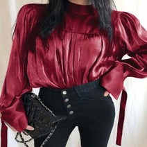여성 새틴 실크 럭셔리 블라우스 패션 스탠드 칼라 긴 소매 플리츠 셔츠 캐주얼