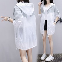 AW0073 여성 여름 긴팔 자외선 차단 배색 빅사이즈 경량 미디 롱 바람막이 아우터 후드 집업 자켓