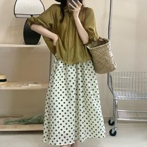 잇츠스타일 여성 루즈핏 머스타드 그린 컬러 셔츠 도트무늬 땡땡이 밴딩 스커트 투피스 세트