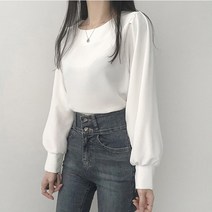 리리의감각 여성 무지 셔링 오피스 퍼프 소매 라운드 긴팔 블라우스