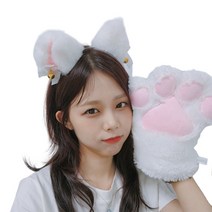 리빙듀오 고양이 장갑 머리띠 세트 파티 인생네컷 학예회 할로윈 소품, 화이트