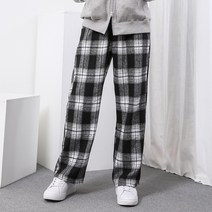 [오버나인] 남자 체크 와이드 통바지 일자 기모 밴딩팬츠
