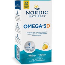 수입영양제 수입보충제 Nordic Naturals 오메가3D 레몬 맛 120 소프트 젤 690mg 오메가3 1000IU 비타민 D3 생선 기름 EPA 및 DHA 지원 뇌 심장 건강, [02] 120개1팩, [01] 표준 포장