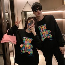 커플 맨투맨 가을 루즈핏 캐릭터 곰돌이 프린트 반바지 상의 커플룩