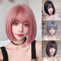 보브컷 단발 가발 단발머리 앞머리 풀뱅 똑단발 커트, 블랙, 1개