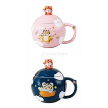 2 조각 크리 에이 티브 커피 잔 컵 아침 식사 주스 우유 물 컵 선물, 8x7.7cm, 세라믹, 핑크+블루