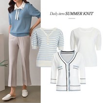[KT알파쇼핑][무료배송]데일리 반팔 여름니트 퍼프 브이넥 스트라이프 티셔츠