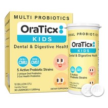 OraTicx 키즈 치과 구강 소화기 멀티 프로바이오틱스 100억 CFU 바닐라맛 30정, 1병