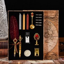 골동품 깃털 딥 펜 잉크 세트 왁스 씰링 스탬프 키트 캘리그라피 글자 작가 필기 인감, 20 FWine Red