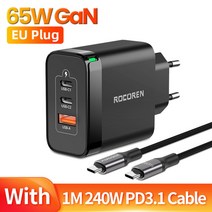충전독 Rocoren GaN 고속 충전 QC PD USB C타입 아이폰 14 100W 65W, 6.65W EU With Cable