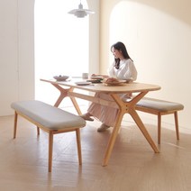 오르트 고무나무 원목 4인 6인용 타원형 식탁 의자 세트, 6인용 식탁세트, 의자 네이비1 연그레이2+벤치1