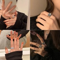 Ins 감각 디자인 흑백 바둑판 체크 링 여성 복고풍 음식 반지 간단한 사랑 반지