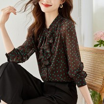 로맨틱 프렌치 빈티지 프릴 넥 긴팔 도트 셔츠 상의 이른 봄
