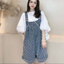 데님 스트랩 멜빵 반바지 루즈 와이드 레그 점프 슈트 바지
